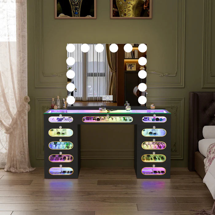 New Release ! Priscilla Vanity Desk-11 Glass Fronted Drawers Vanity Set