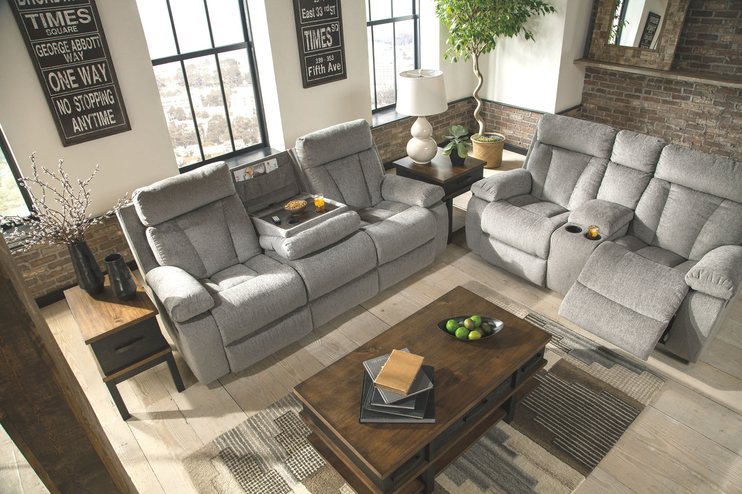Mitchiner - Fog - DBL Rec Loveseat w/Console