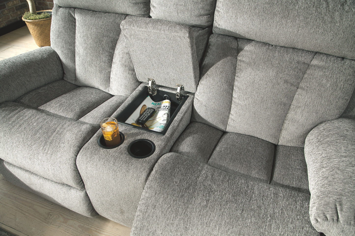 Mitchiner - Fog - DBL Rec Loveseat w/Console