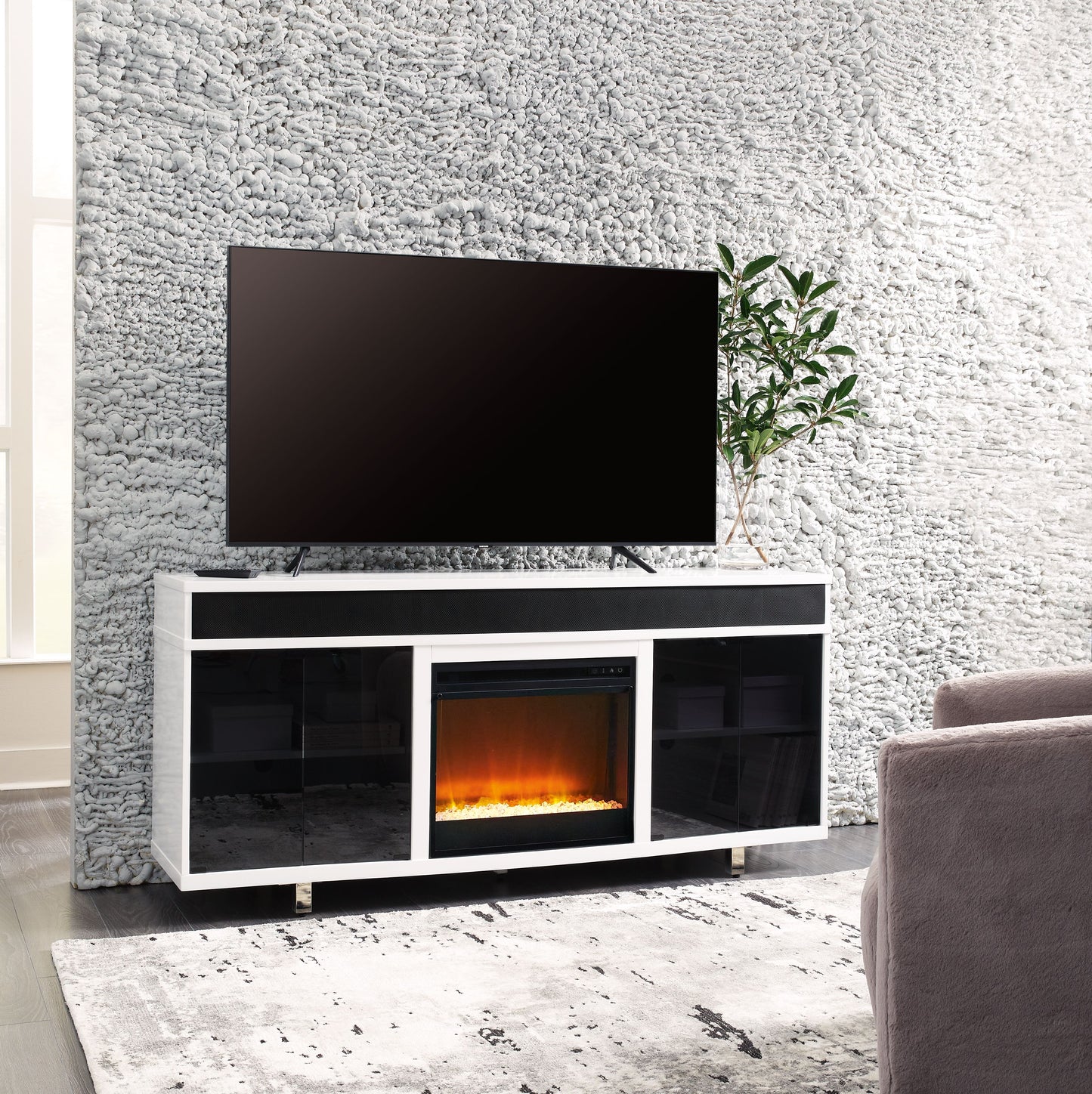 Gardoni - Blanco / Negro - Mueble TV 72" Con Chimenea Eléctrica