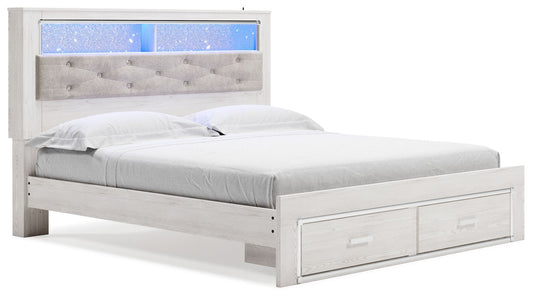 Altyra - Blanco - Cama King con estantería tapizada y almacenaje