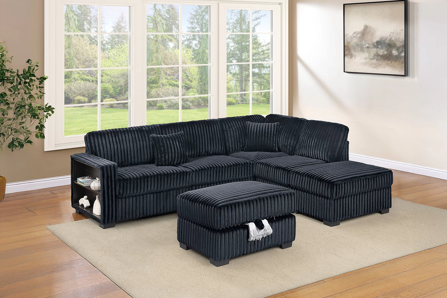 Sectional Set Reversible Chaise + Built-In Shelf + Storage Ottoman