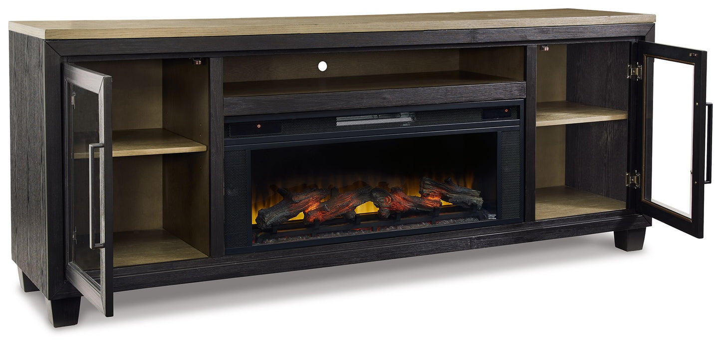 Foyland - Negro / Marrón - Mueble para TV de 83" con inserto de chimenea eléctrica por infrarrojos