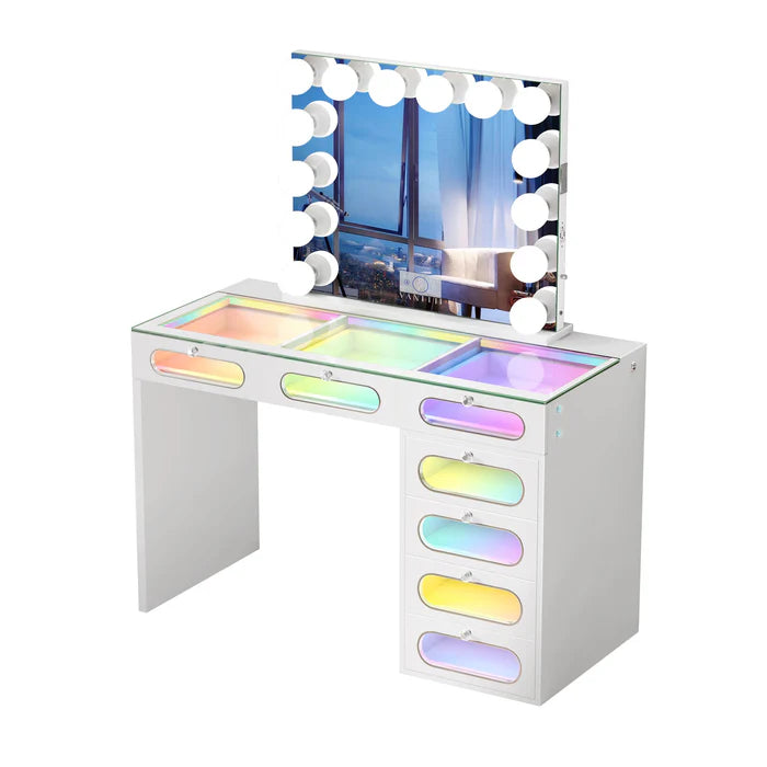 New Release ! Glass Fronted Drawers with Hollywood Vanity Mirror