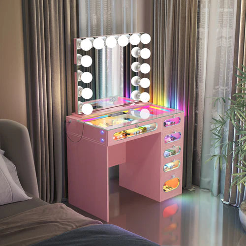 New Release !  Glass Fronted Drawers Vanity Desk with Marilyn Vanity Mirror