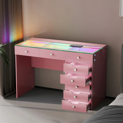 Diana RGB Vanity Desk with Light - 8 Storage Drawers