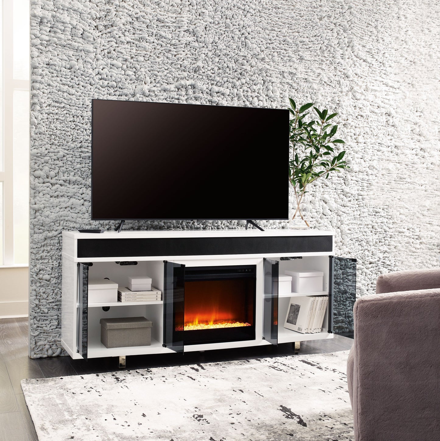 Gardoni - Blanco / Negro - Mueble TV 72" Con Chimenea Eléctrica