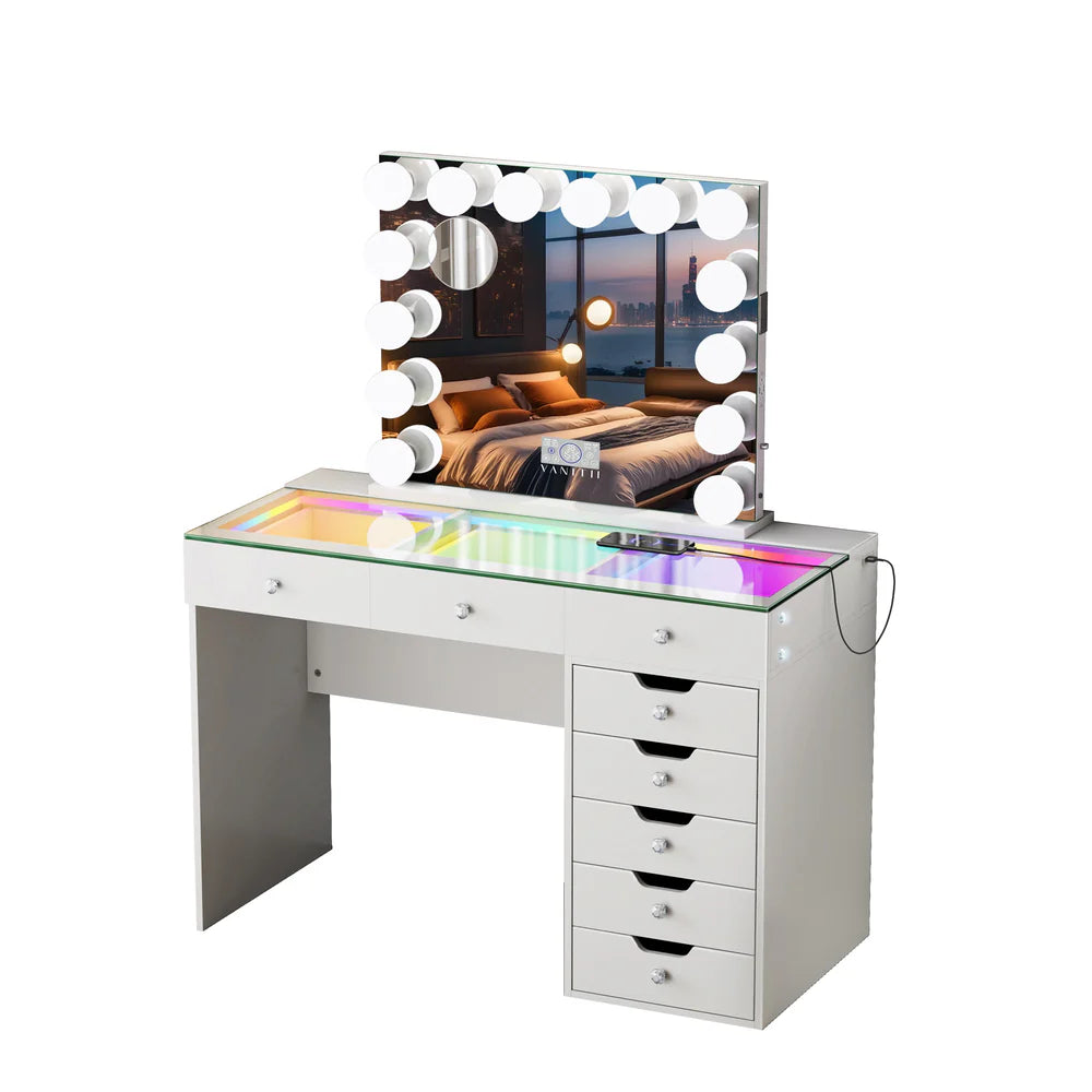 Diana Vanity Desk Set- 8 Storage Drawers with Vanity Mirror