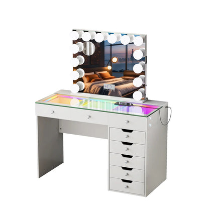 Diana Vanity Desk Set- 8 Storage Drawers with Vanity Mirror