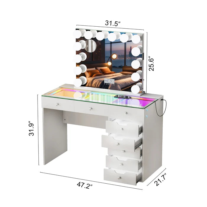 Diana 8 Drawers Vanity Desk Set with RGB and Full Light