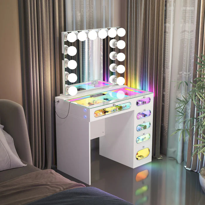New Release ! Glass Fronted Drawers Vanity Desk with Marilyn Vanity Mirror