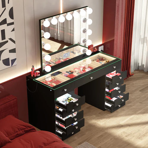 Promotion ! Eva Vanity Desk with Lights and 15 bulbs Vanity Mirror
