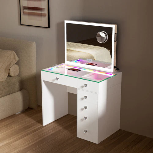Diana RGB Vanity Desk with 6 Storage Drawers and Led Light Hollywood Mirror