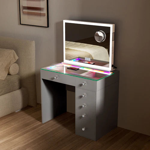Diana RGB Vanity Desk with 6 Storage Drawers and Led Light Hollywood Mirror