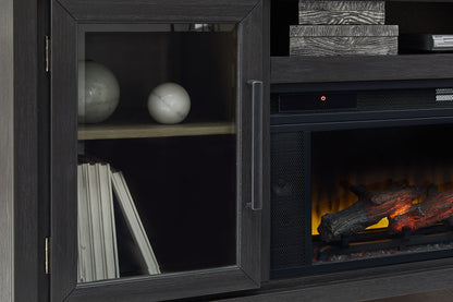 Foyland - Negro / Marrón - Mueble para TV de 83" con inserto de chimenea eléctrica por infrarrojos