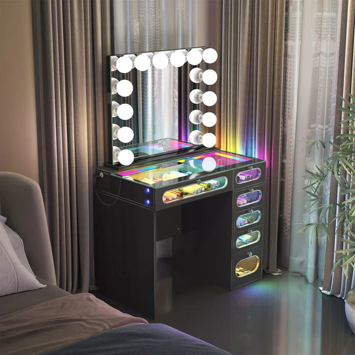 New Release ! Glass Fronted Drawers Vanity Desk with Marilyn Vanity Mirror