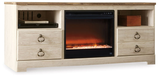 Willowton - Whitewash - Mueble para TV de 64" con inserto para chimenea de vidrio/piedra