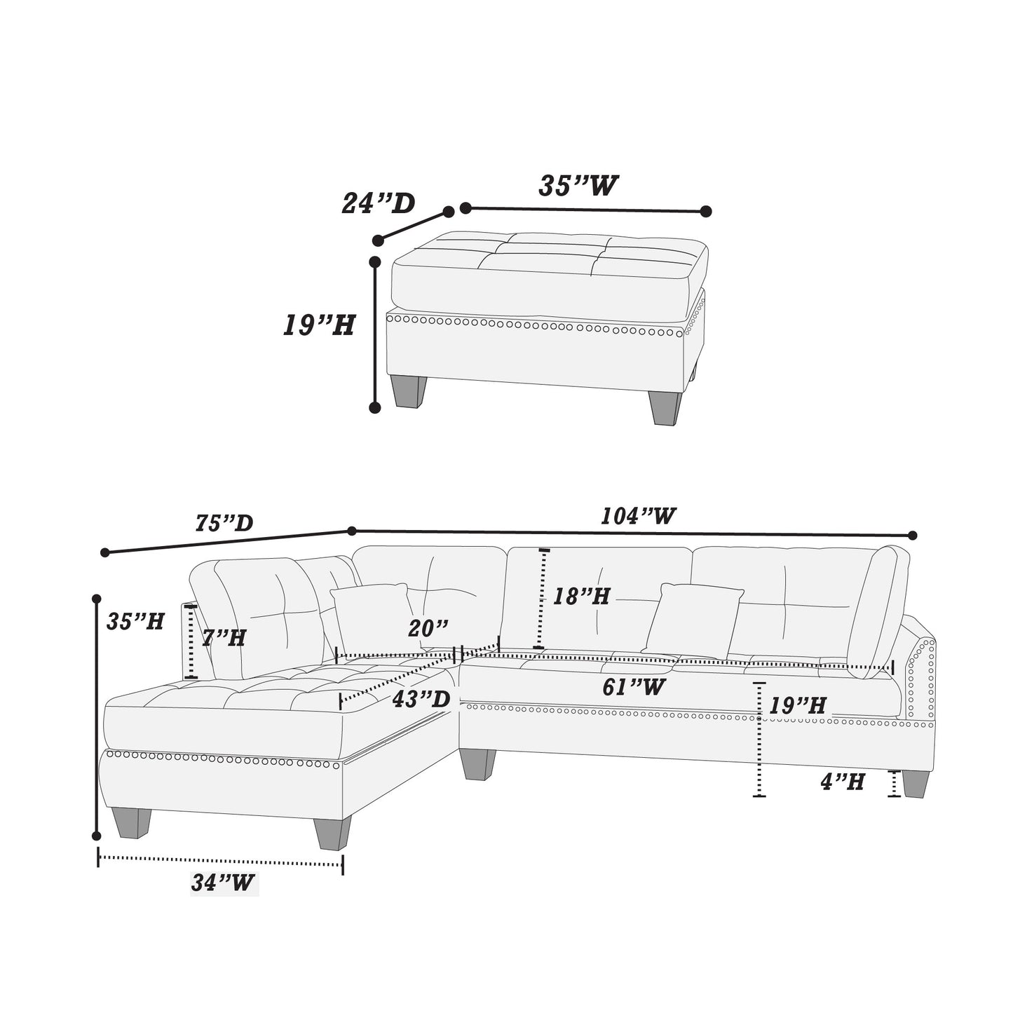 Black - Reversible Sectional Sofa Set W/ Ottoman