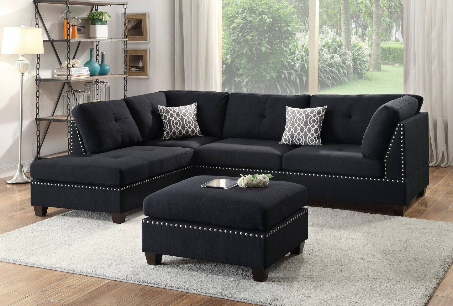 Black Reversible Sectional Sofa Set W/ Ottoman