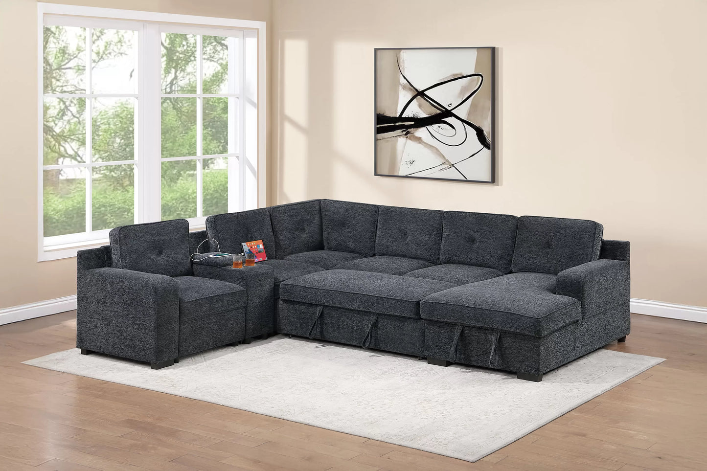 Pull-Out Bed Sofa W/Console + Cup Holder + USB Port + Chaise Storage