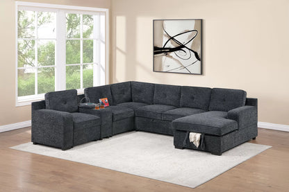 Pull-Out Bed Sofa W/Console + Cup Holder + USB Port + Chaise Storage