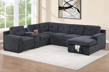 Pull-Out Bed Sofa W/Console + Cup Holder + USB Port + Chaise Storage