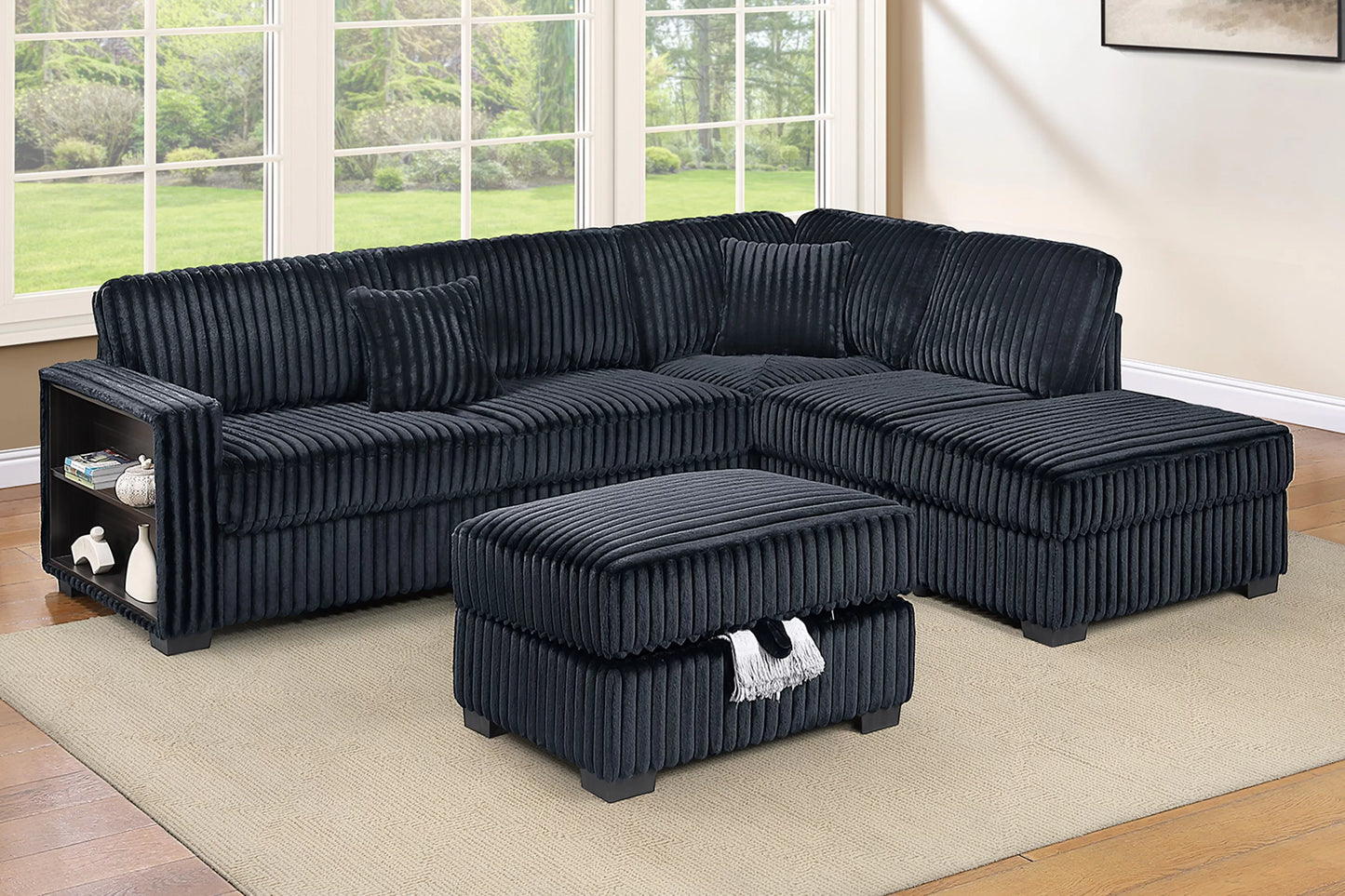 Sectional Set Reversible Chaise + Built-In Shelf + Storage Ottoman