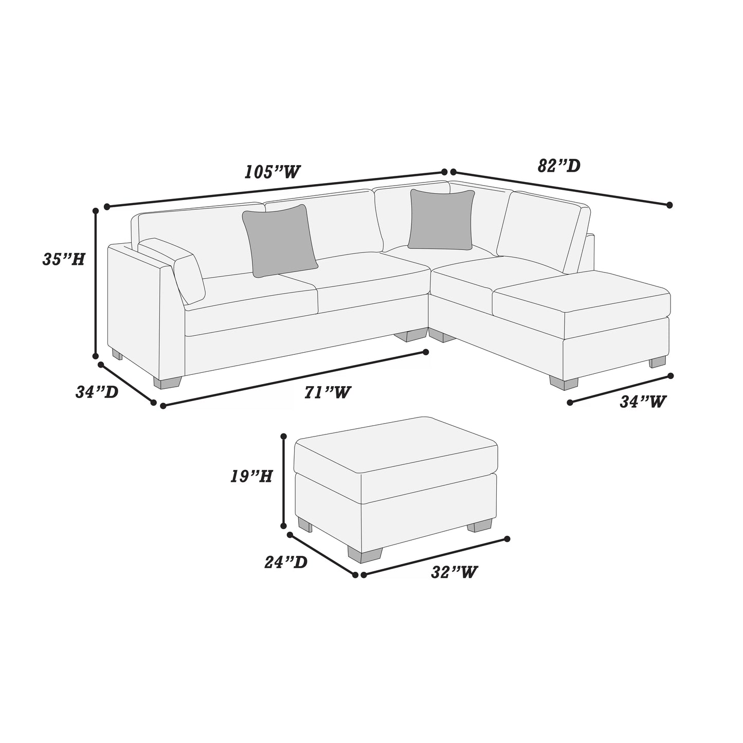 Reversible Sectional Set W/ Ottoman