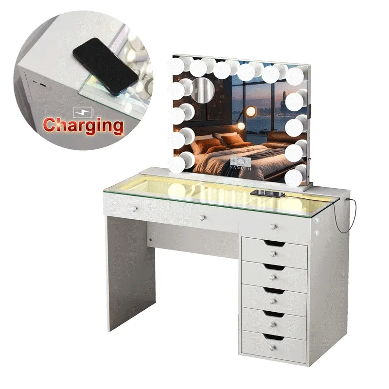 Diana Vanity Desk Set- 8 Storage Drawers with Vanity Mirror