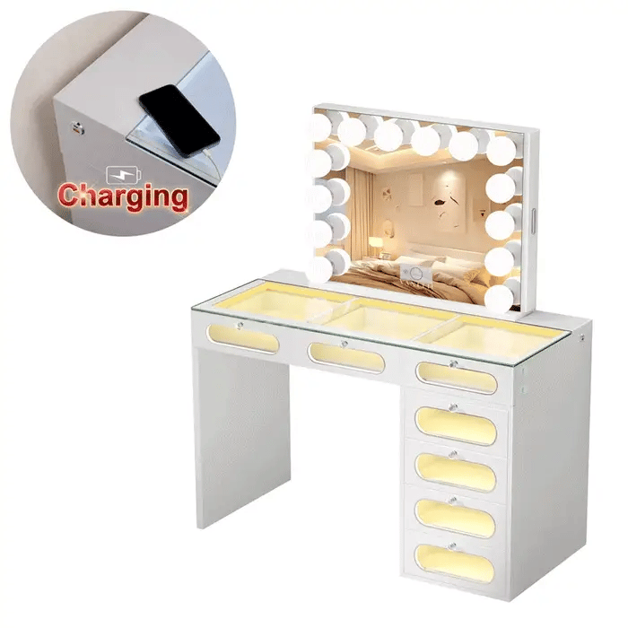 New Release ! Glass Fronted Drawers with Hollywood Vanity Mirror