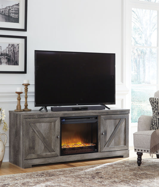 Wynnlow - Gris - Mueble para TV de 63" con inserto para chimenea de vidrio/piedra