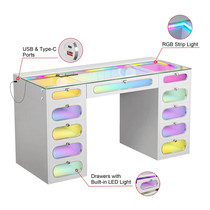 New Release ! Priscilla Vanity Desk-11 Glass Fronted Drawers with Crystal Handles