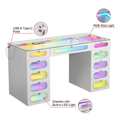 New Release ! Priscilla Vanity Desk-11 Glass Fronted Drawers with Crystal Handles