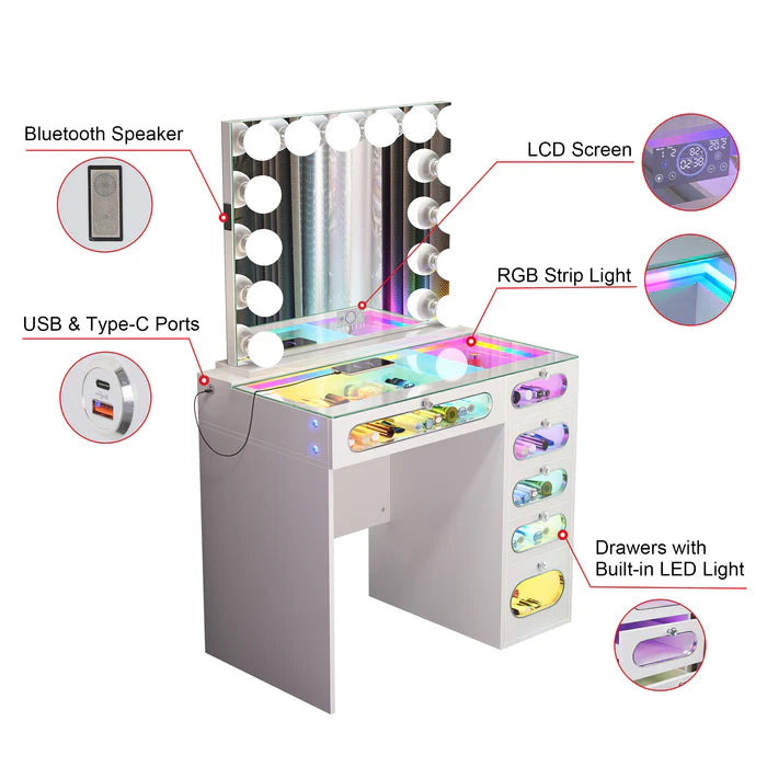 New Release ! Glass Fronted Drawers Vanity Desk with Marilyn Vanity Mirror