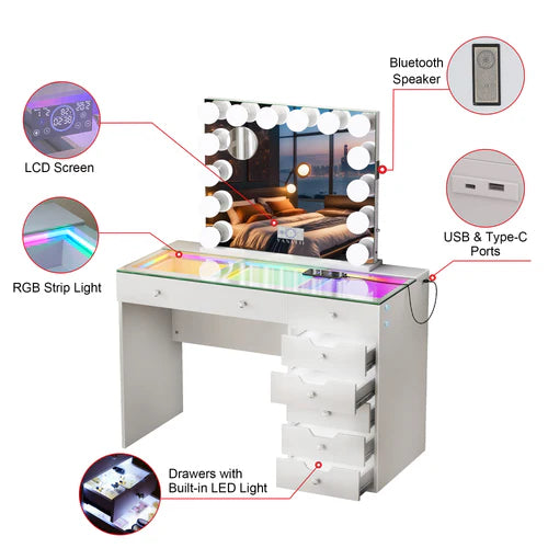 Diana 8 Drawers Vanity Desk Set with RGB and Full Light