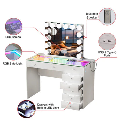 Diana 8 Drawers Vanity Desk Set with RGB and Full Light