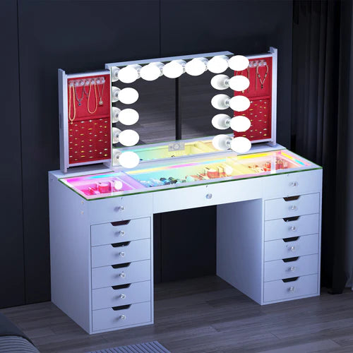 Eva-RGB Vanity Desk Set Including Marilyn Hollywood Vanity Mirror Pro with Jewelry Organizer