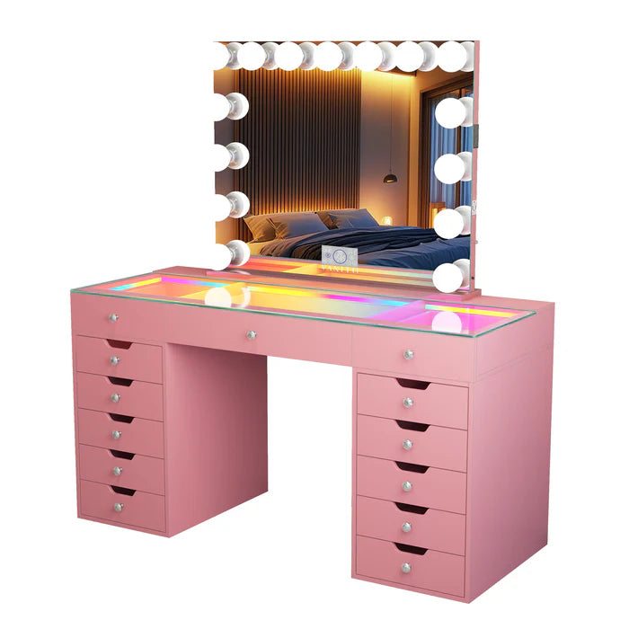 Eva-RGB Vanity Desk Set with 13 Storage Drawers and 15 Bulbs Light Mirror